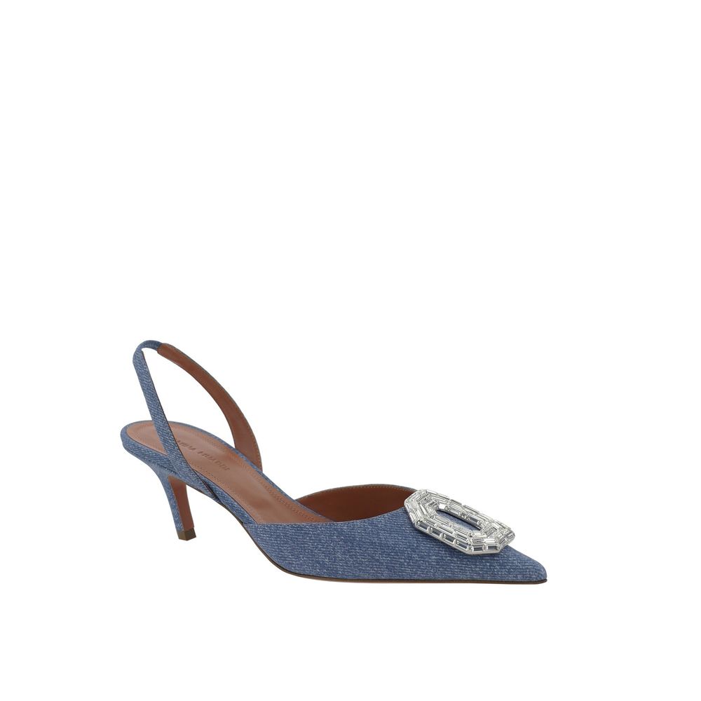 Amina Muaddi Blue Nubuc Leather Mid Heel Pumps