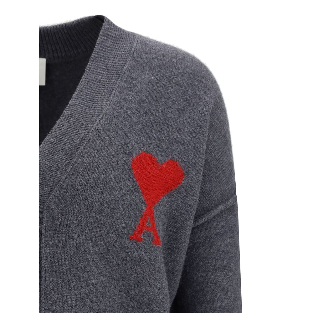 Ami Paris Gray Fleece Wool Cardigan