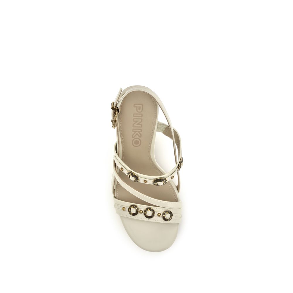 PINKO Beige Calf Leather Bos Taurus Stiletto Heel Sandals