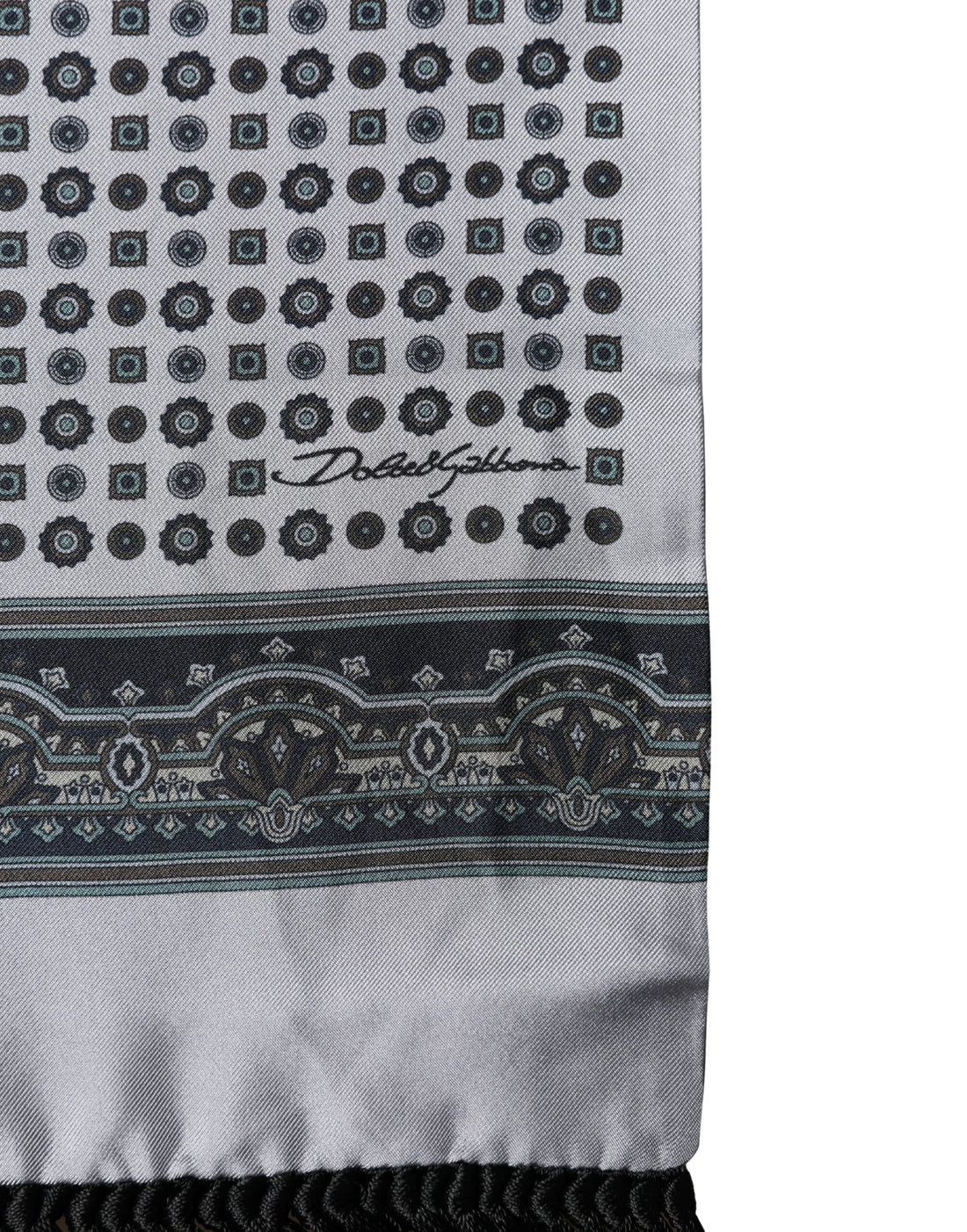 Dolce & Gabbana Grey Silk Geometric Print Pattern Fringe 140cm X 18cm Scarf