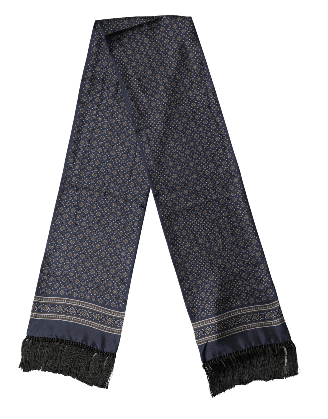 Dolce & Gabbana Navy Silk Geometric Fringe Foulard 137cm x 18cm Scarf