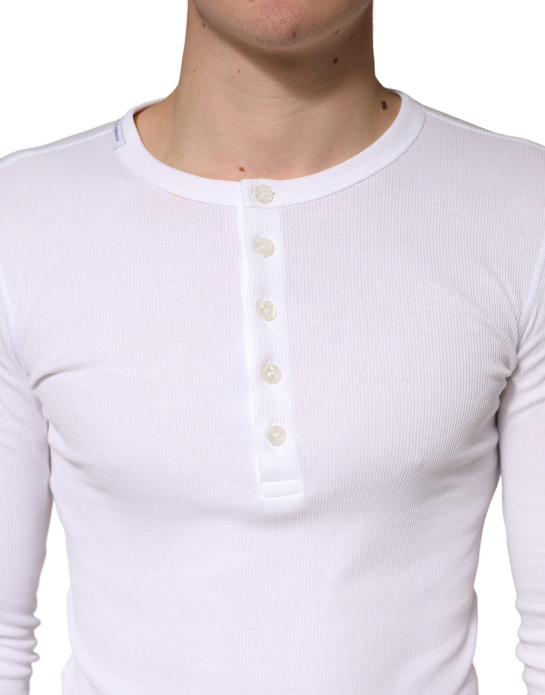 Dolce & Gabbana White Ribbed Cotton Long Sleeve Henley Sweater