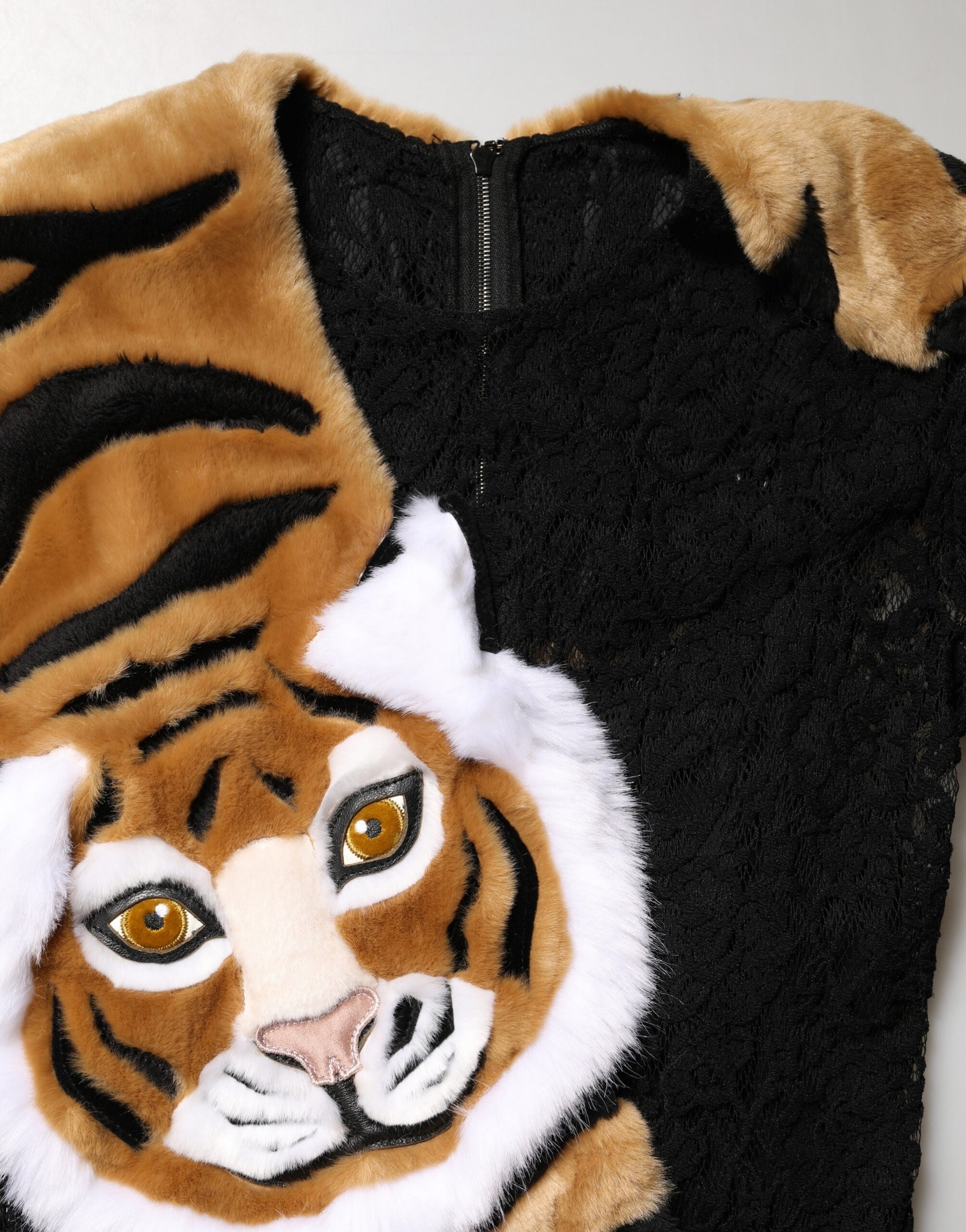 Dolce & Gabbana Black Lace Faux Fur Tiger Appliqué Sheath Dress