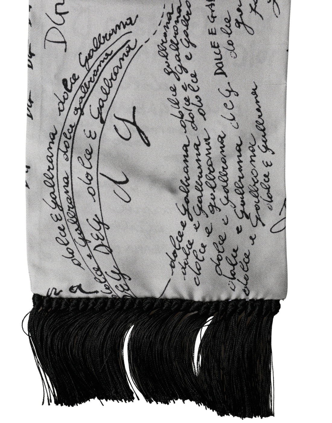 Dolce & Gabbana Scarf White Silk Script Logo Print Fringe 150cm x15cm Men