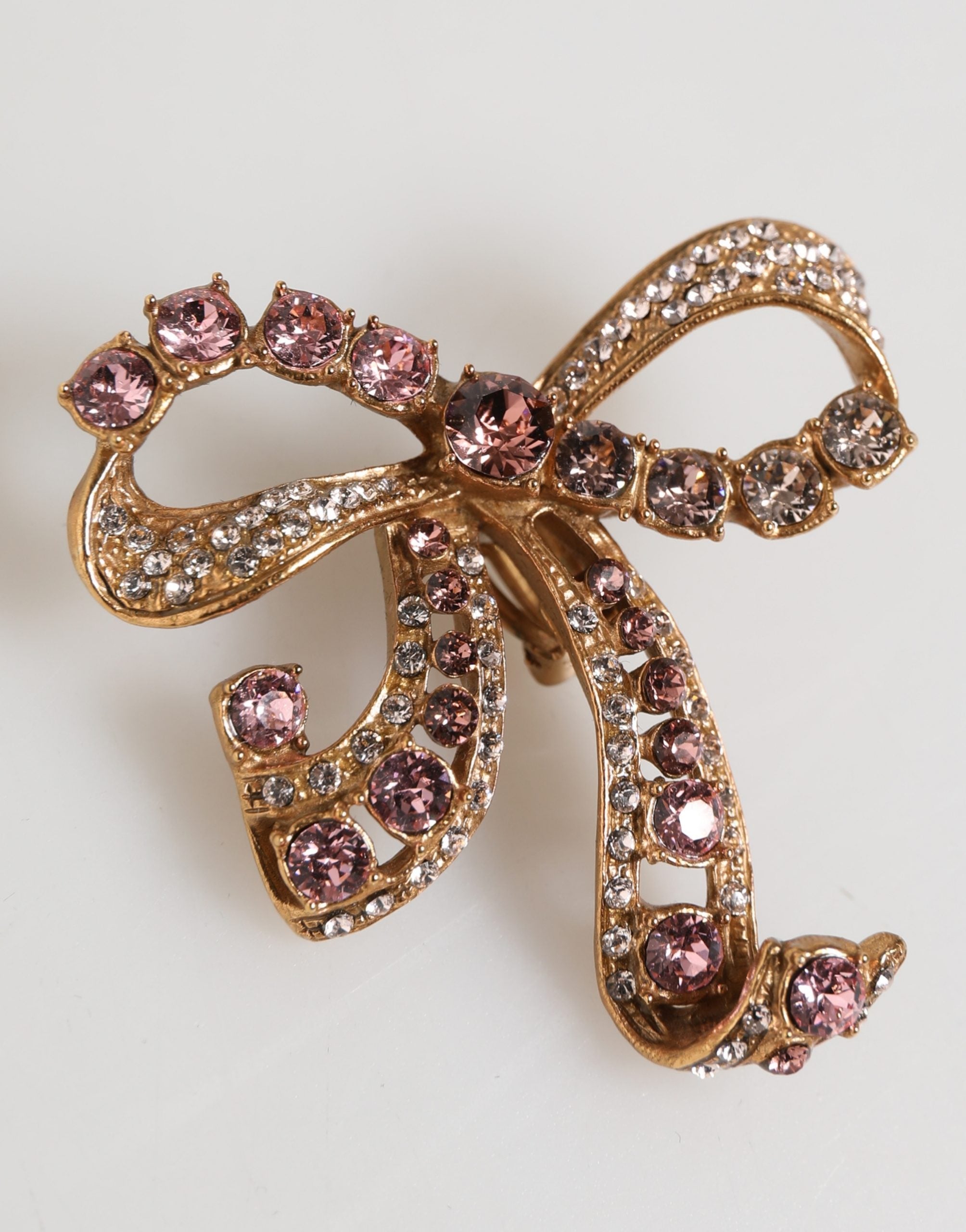 Dolce & Gabbana Gold Brass Pink Clear Crystal Bow Fiocchi Christmas  Earrings