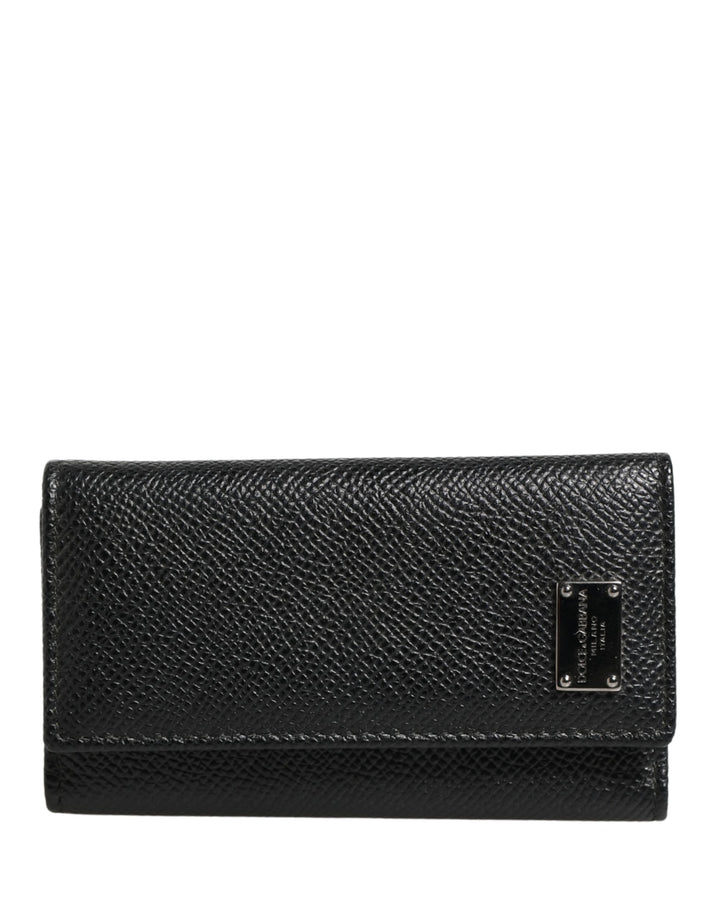 Dolce & Gabbana Black Leather Silver Metal Logo Plaque Trifold Keyring