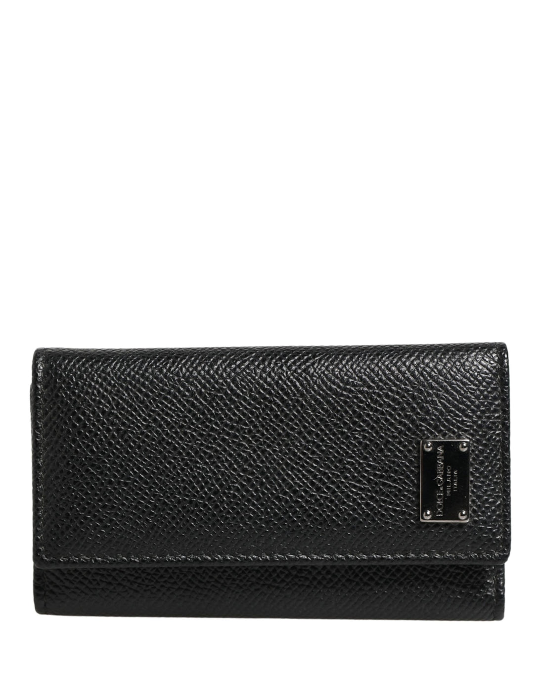 Dolce & Gabbana Black Leather Silver Metal Logo Plaque Trifold Keyring