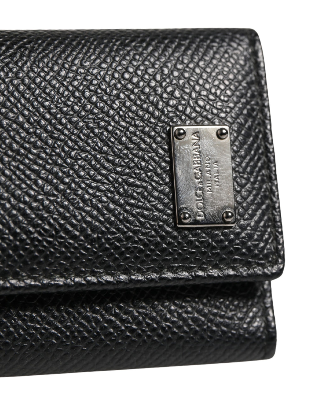Dolce & Gabbana Black Leather Silver Metal Logo Plaque Trifold Keyring