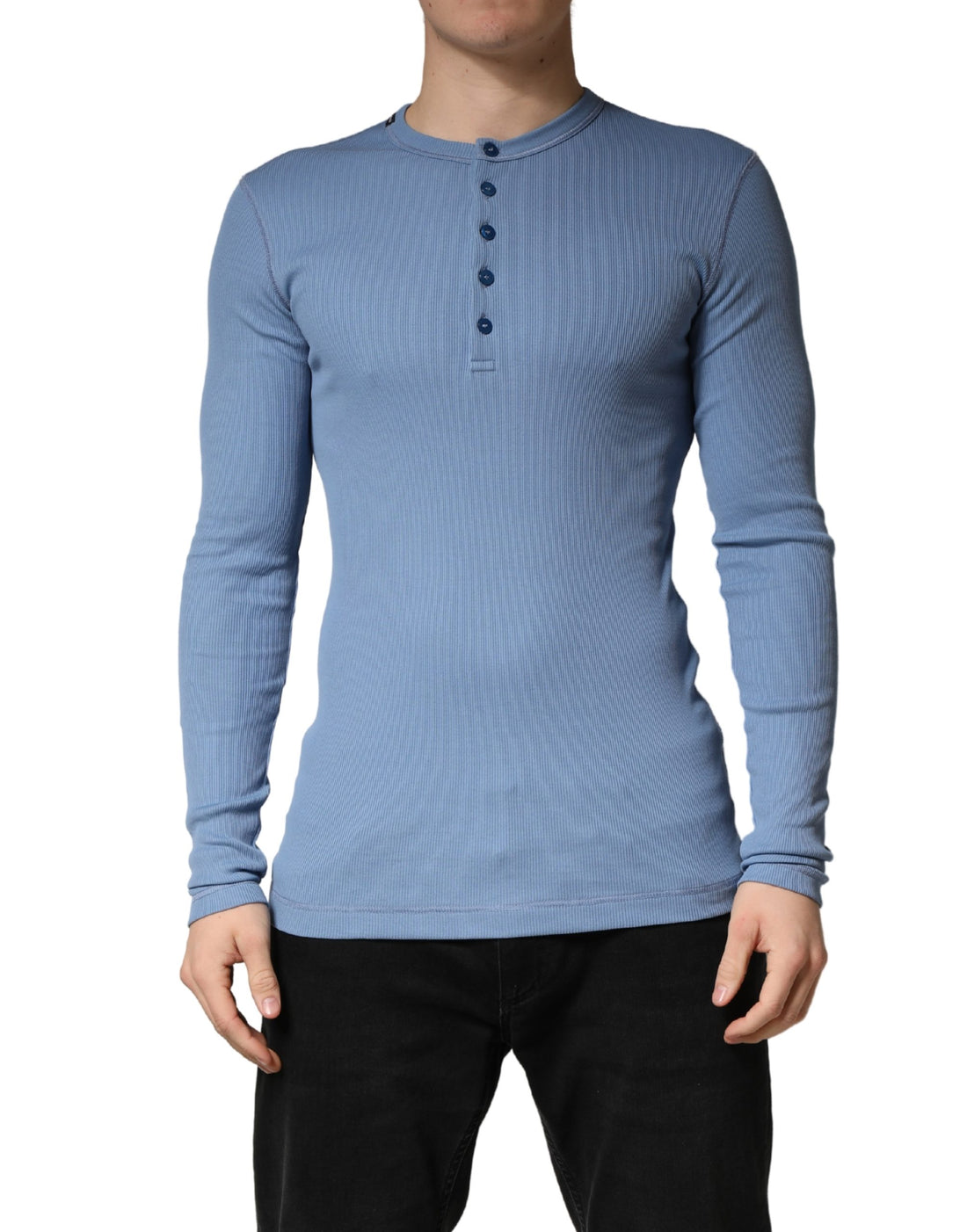 Dolce & Gabbana Blue Cotton Buttoned Henley Pullover Sweater