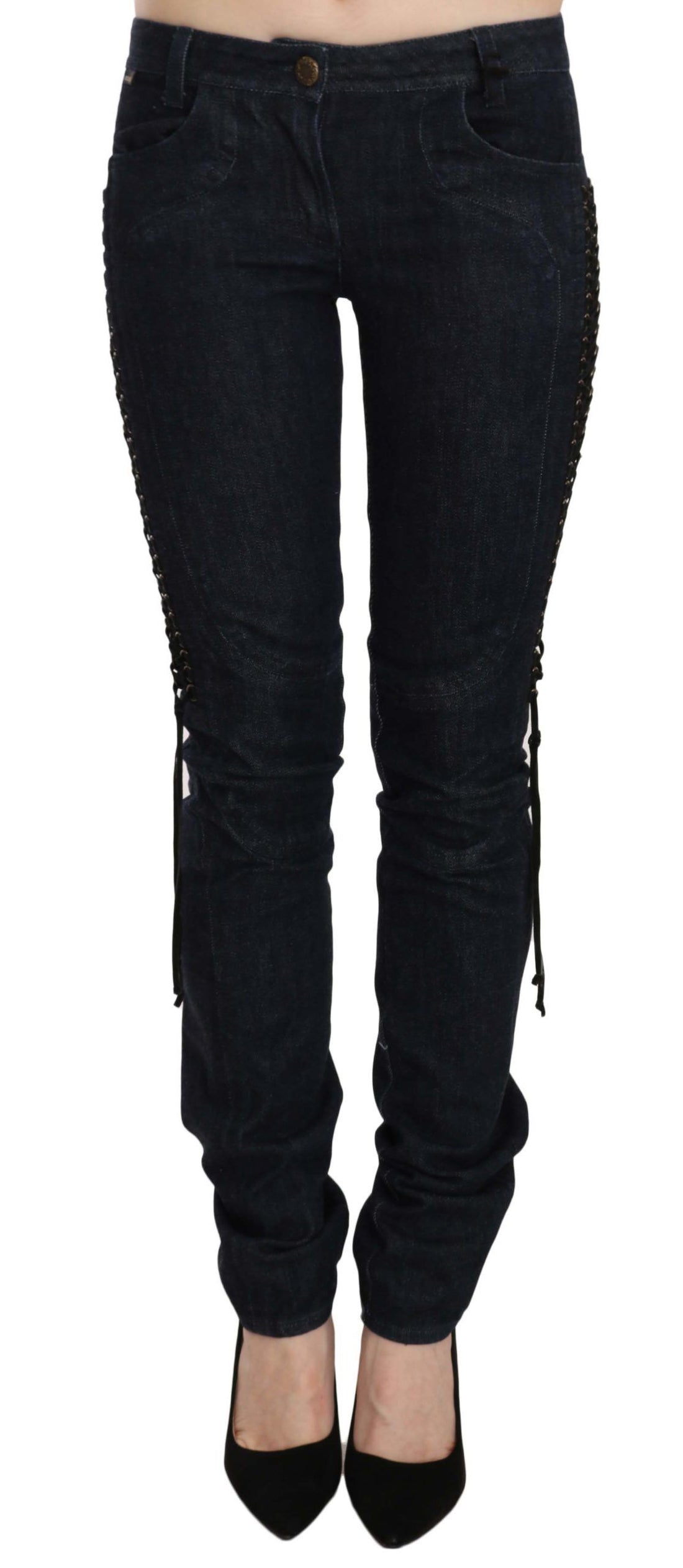 Just Cavalli Blue Low Waist Skinny Trousers Braided String Pants