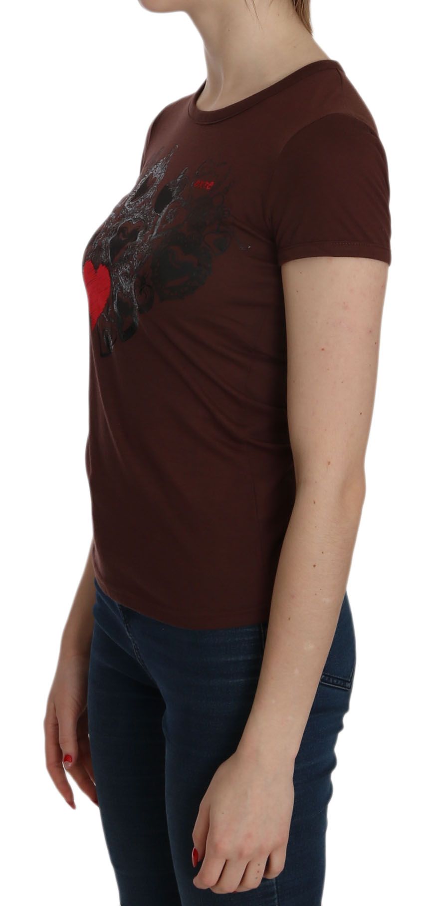 Exte Brown Heart Print Crew Neck T-shirt Short Sleeve Blouse