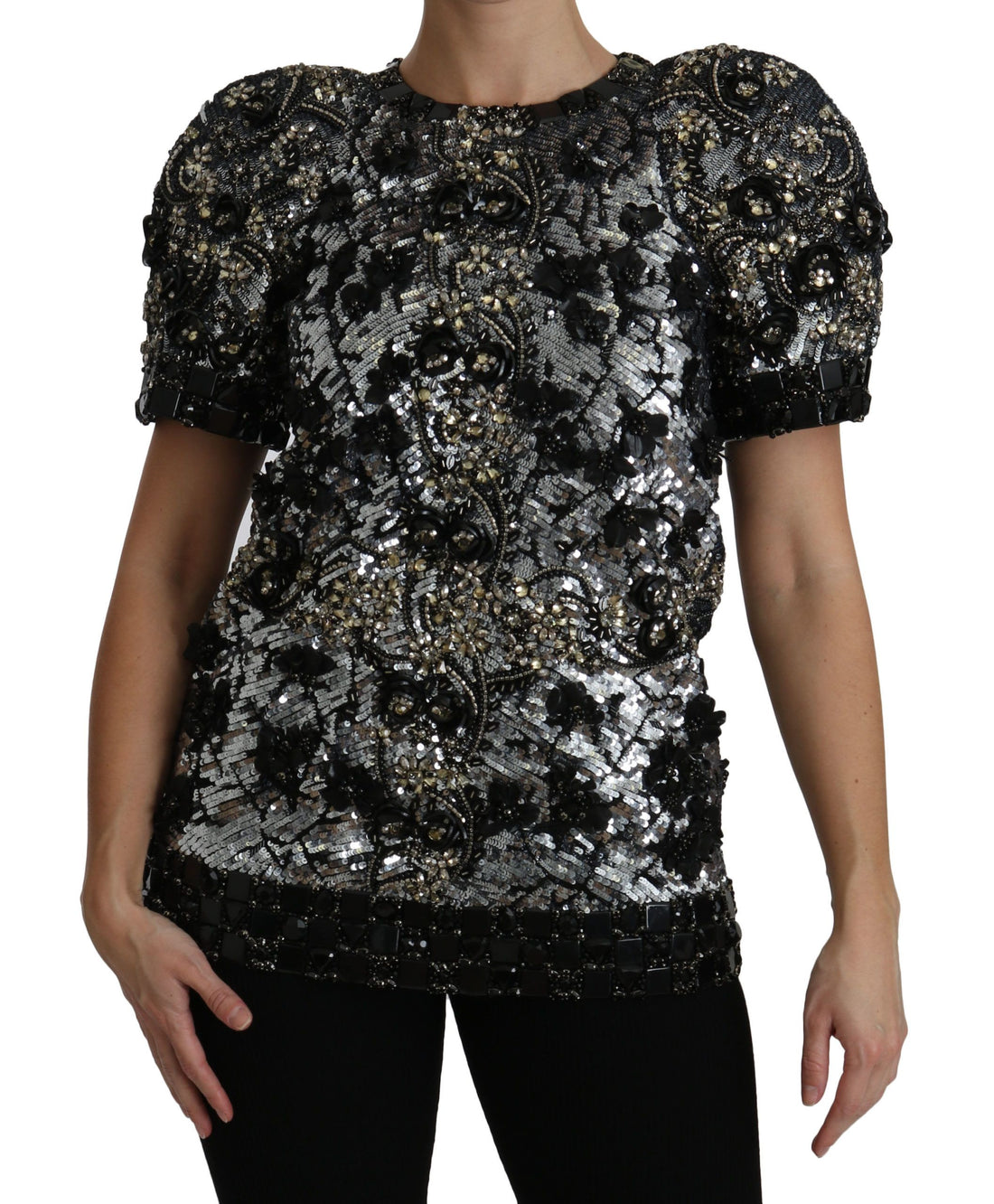 Dolce & Gabbana Black Sequined Crystal Embellished Top Blouse