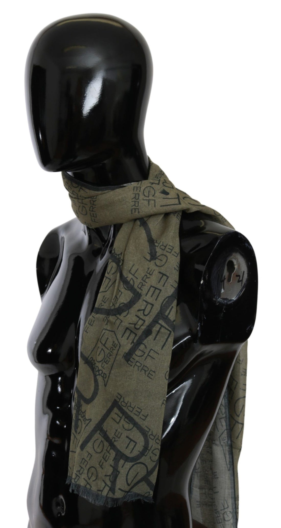 GF Ferre Green Wool Viscose Foulard Patterned Branded Scarf