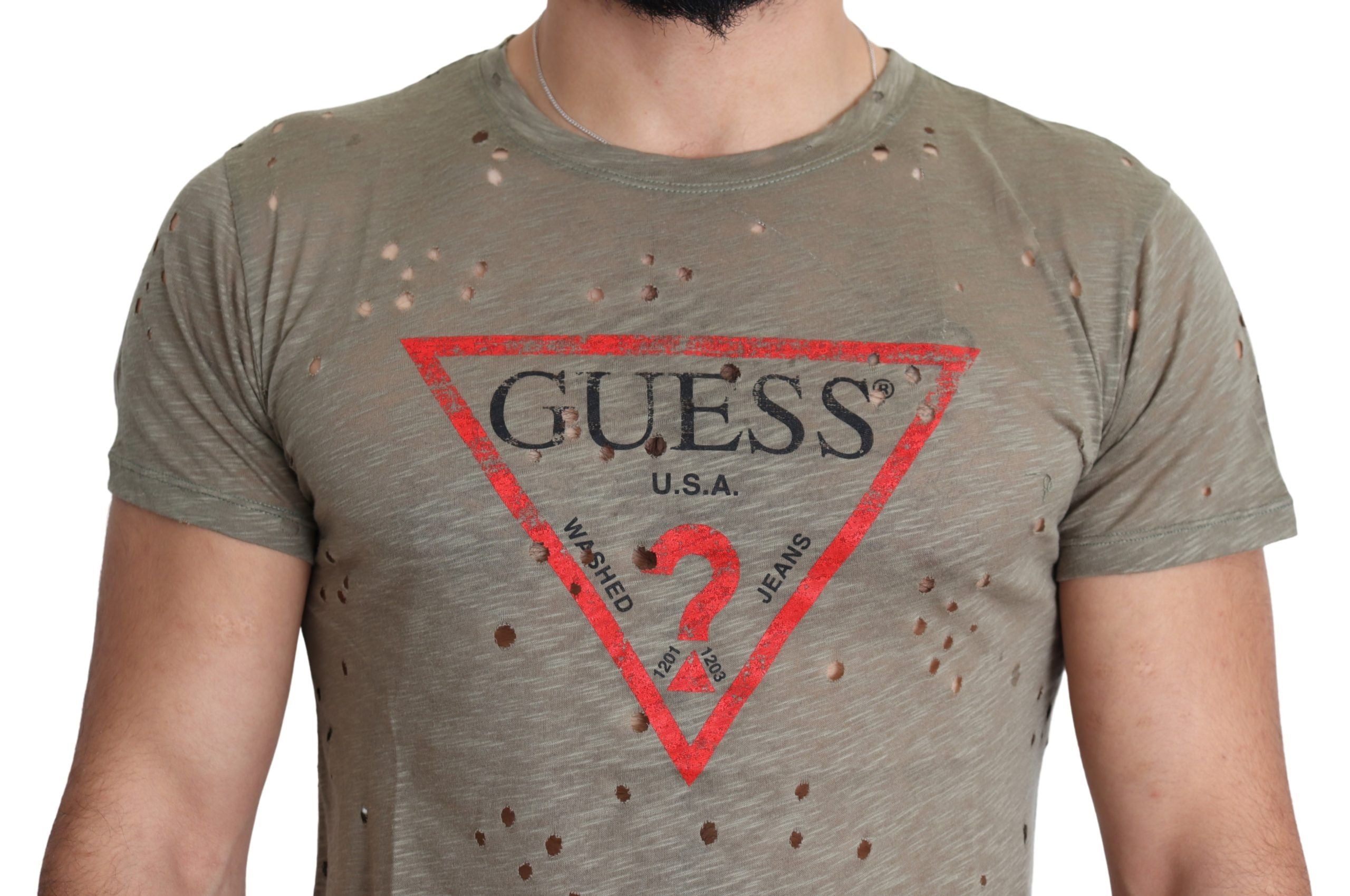 Guess Brown Cotton Stretch Logo Print Men Casual Perforated T-shirt