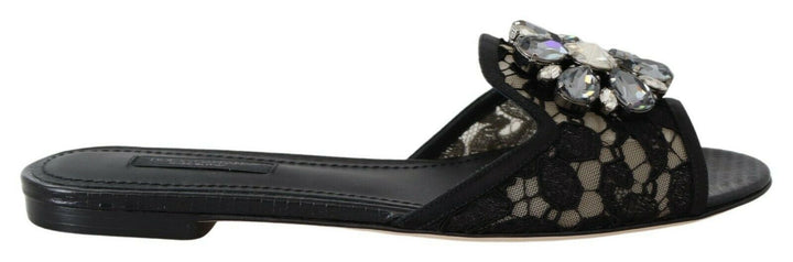 Dolce & Gabbana Black Taormina Lace Slides Crystals Flats Shoes