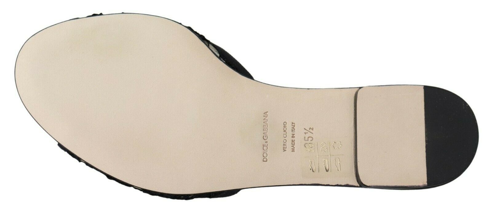 Dolce & Gabbana Black Taormina Lace Slides Crystals Flats Shoes