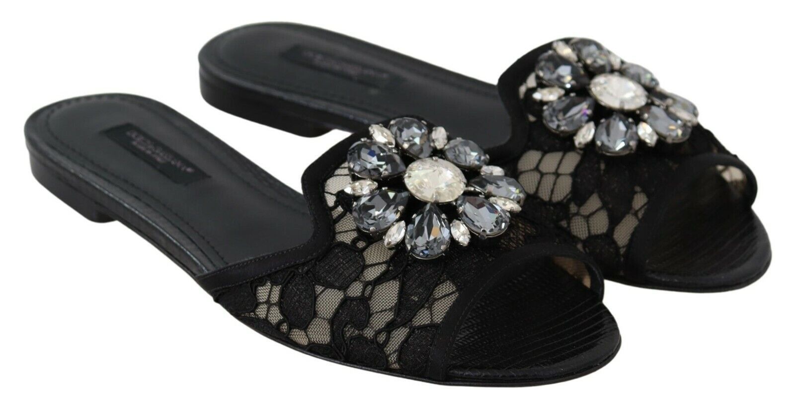 Dolce & Gabbana Black Taormina Lace Slides Crystals Flats Shoes