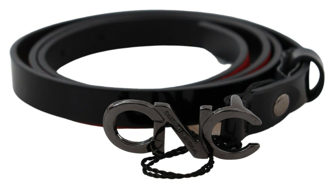 Costume National Black Skinny Leather Logo Buckle Belt