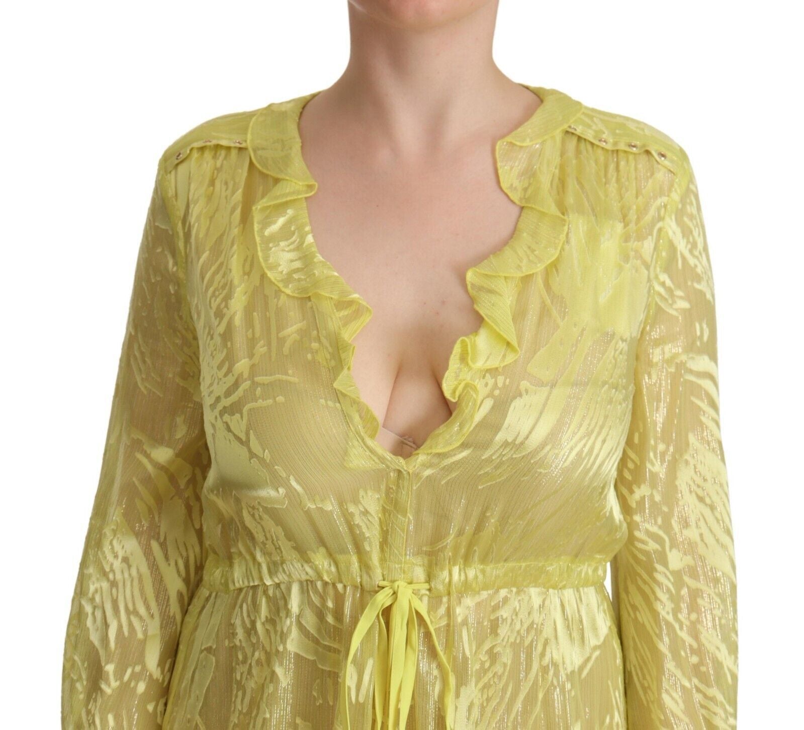 Patrizia Pepe Yellow Silk Long Sleeves Plunging Maxi Dress