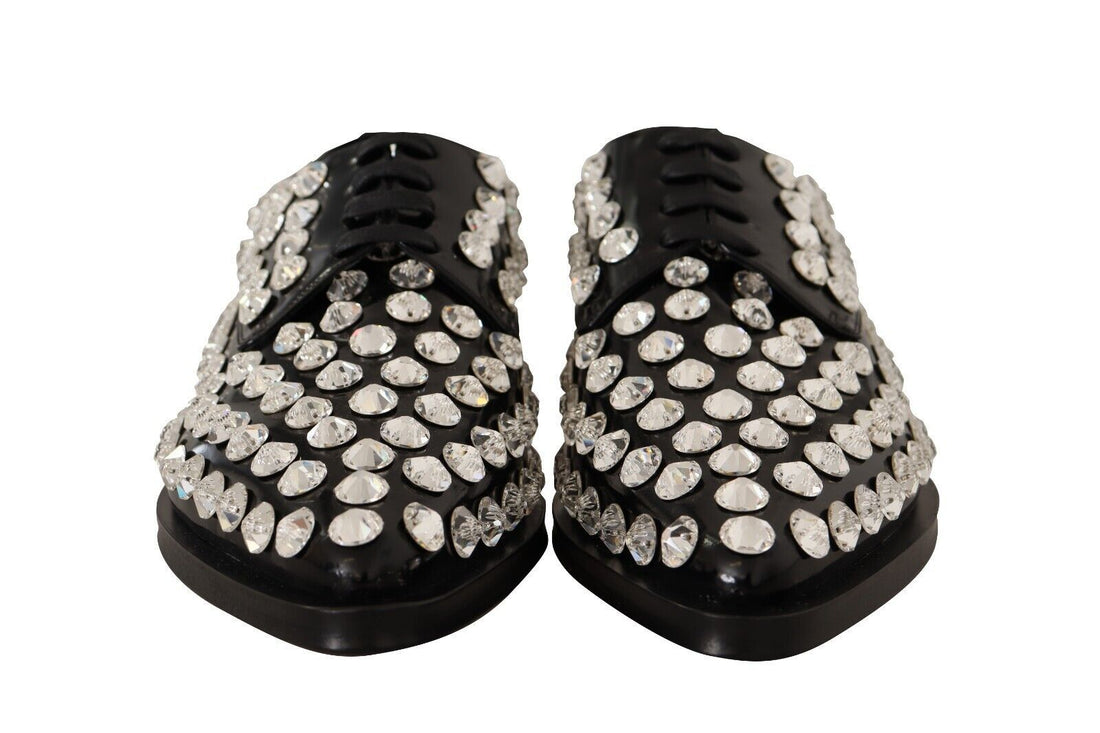 Dolce & Gabbana Black Leather Crystals Lace Up Formal Shoes