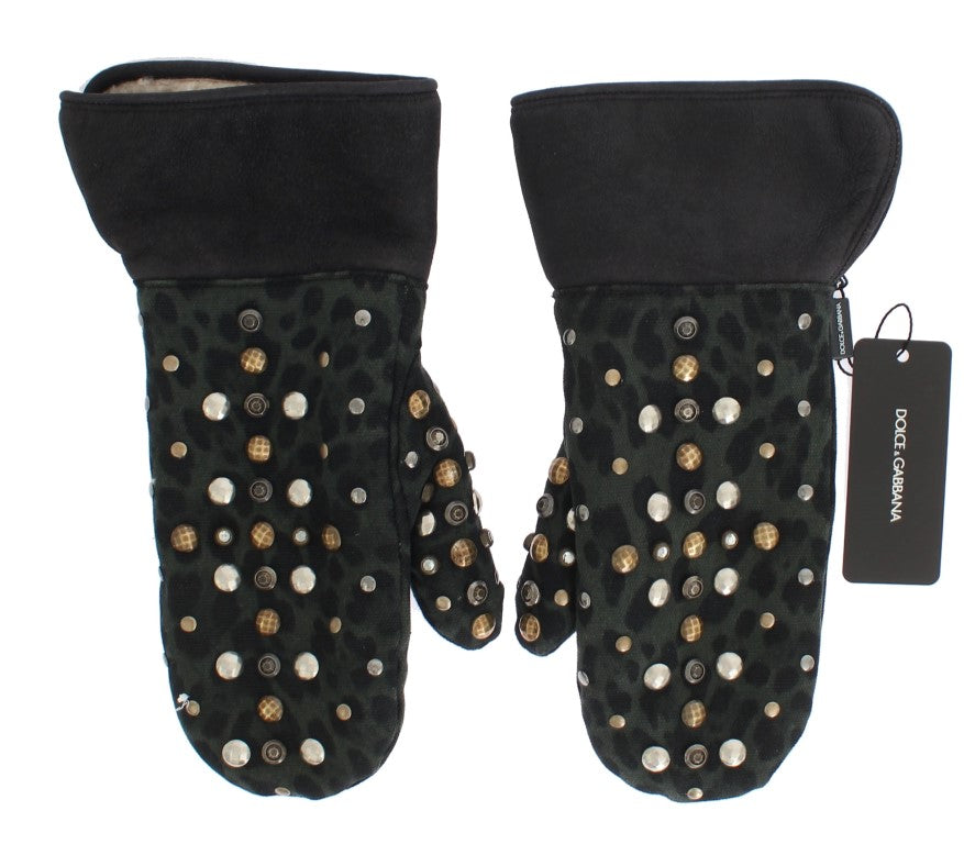 Dolce & Gabbana Gray Wool Shearling Studded Green Leopard Gloves
