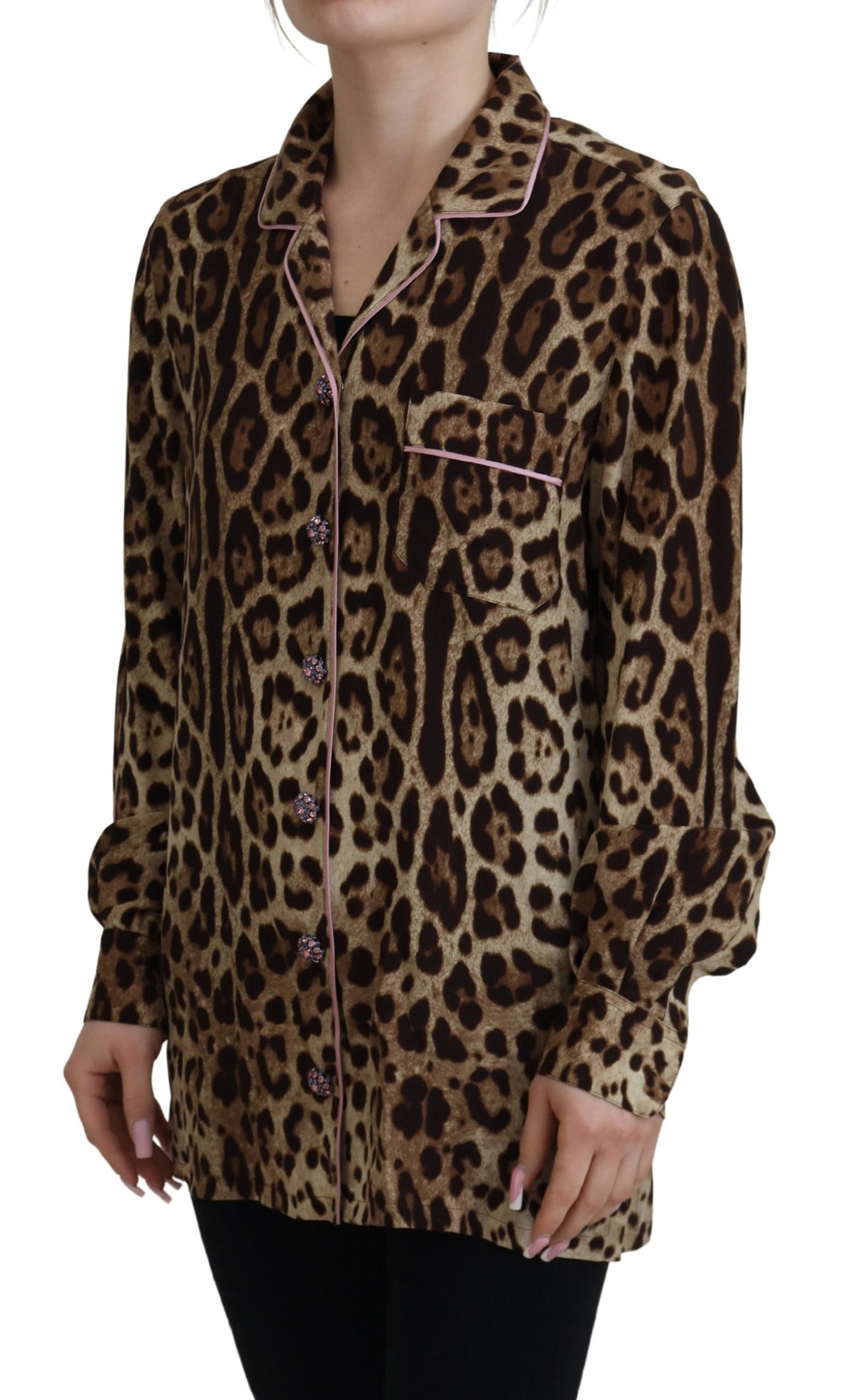 Dolce & Gabbana Brown Leopard Print Long Sleeves Blouse Top