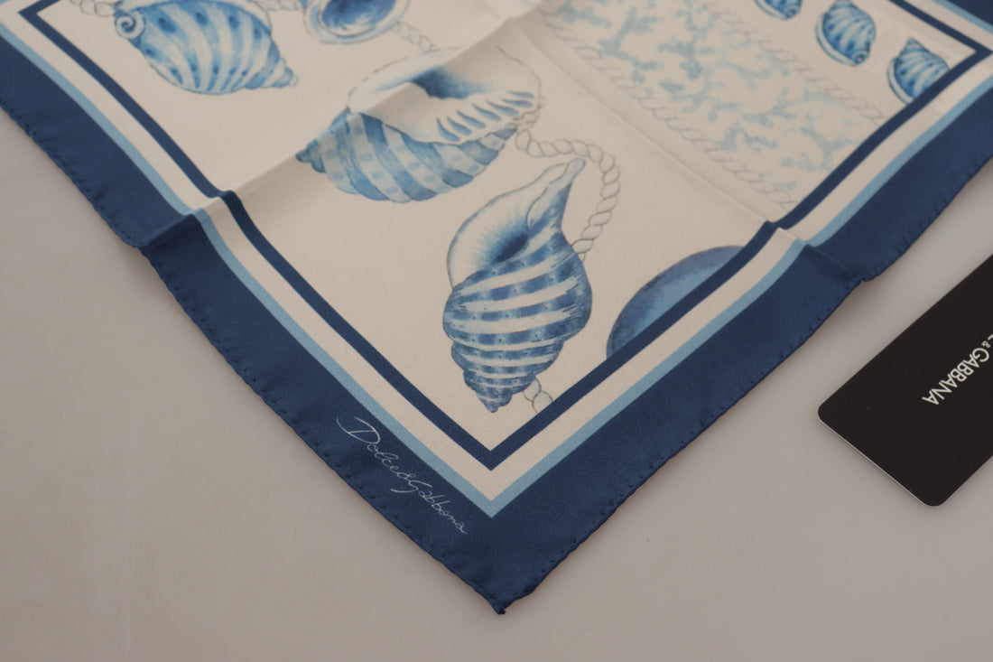 Dolce & Gabbana White Blue Shells Print Square Handkerchief Scarf