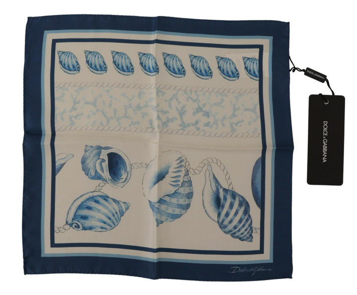 Dolce & Gabbana White Blue Shells Print Square Handkerchief Scarf