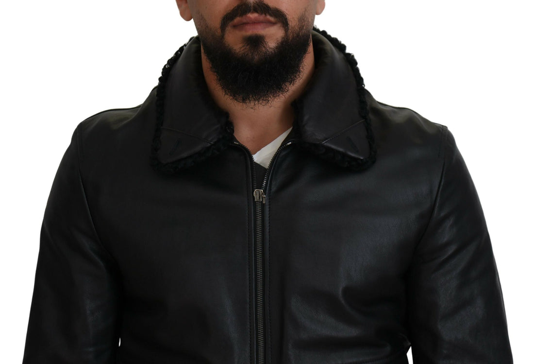 Dolce & Gabbana Black Lamb Leather Collared Men Coat Jacket