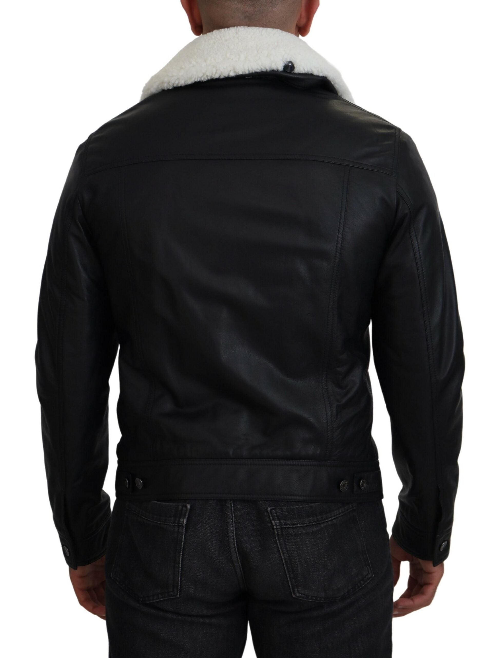 Dolce & Gabbana Black Lamb Leather Collared Men Coat Jacket