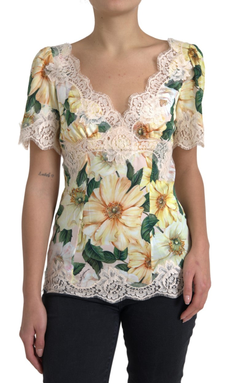Dolce & Gabbana Multicolor Floral Lace V Neck Blouse