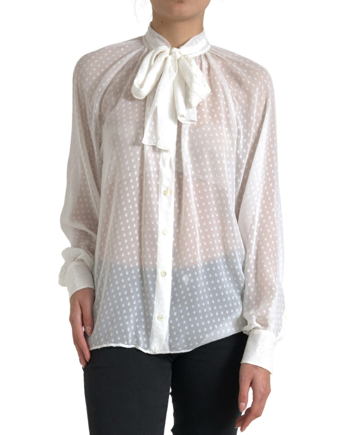 Dolce & Gabbana White Silk Sheer Tied Neck Polka Dots Blouse