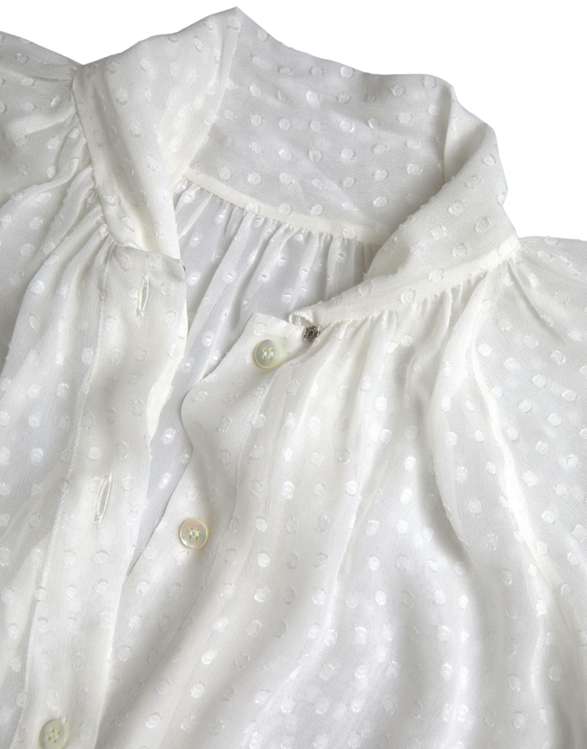 Dolce & Gabbana White Silk Sheer Tied Neck Polka Dots Blouse