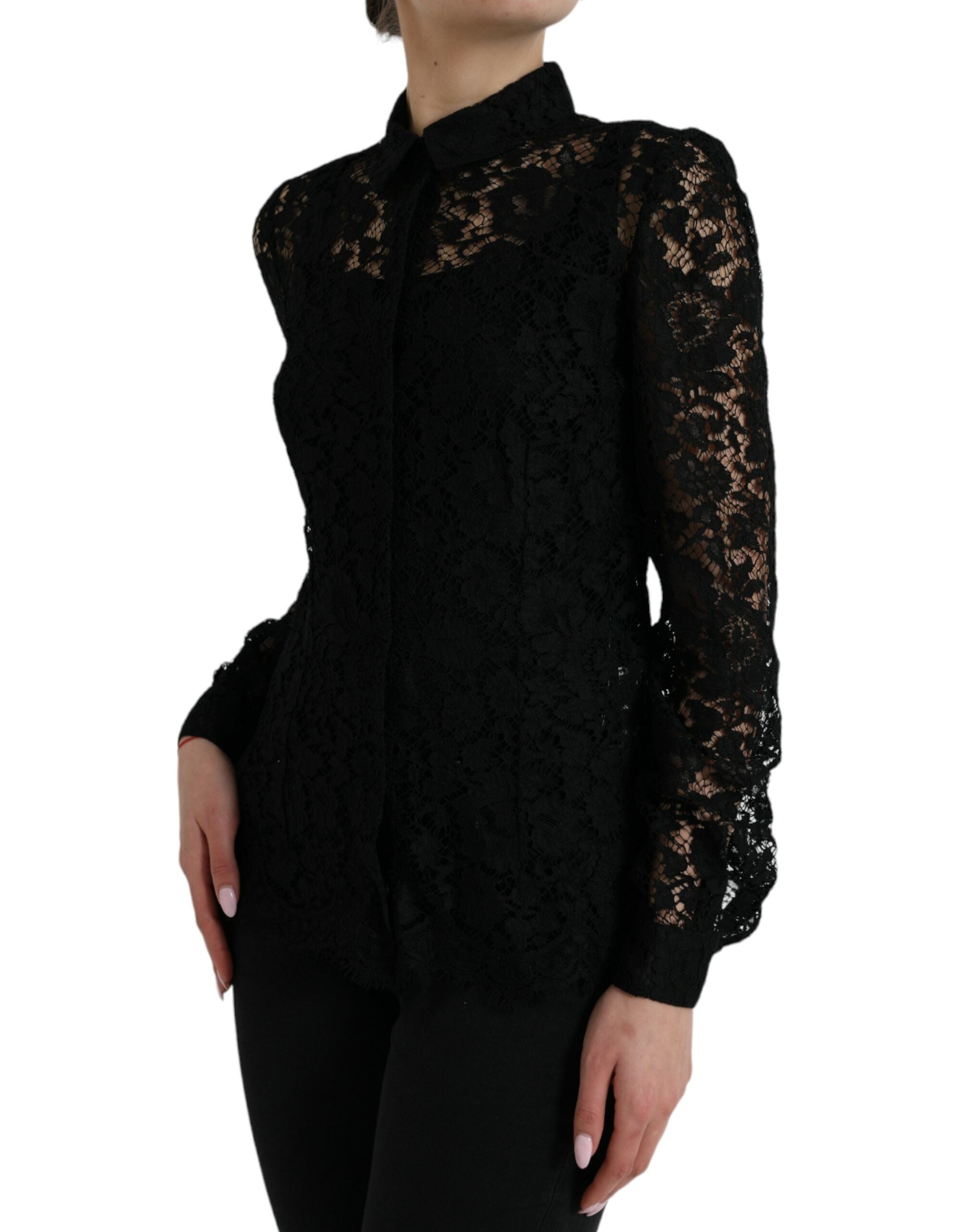 Dolce & Gabbana Black Floral Lace Long Sleeves Blouse Top