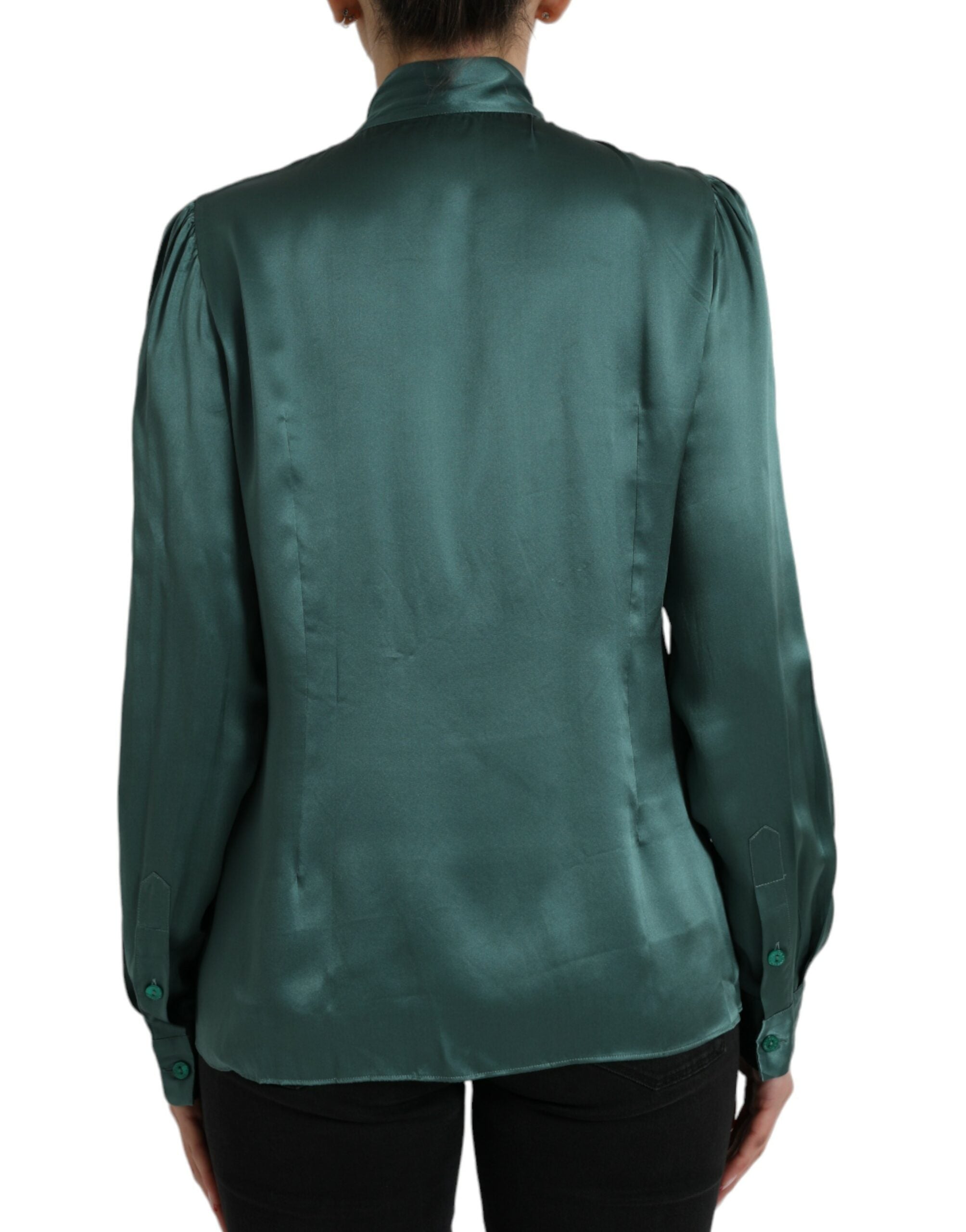 Dolce & Gabbana Dark Green Silk Ascot Collar Blouse Top
