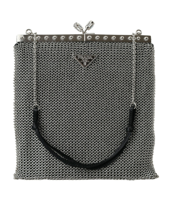 Prada Gray Chain Metal Mesh Logo Plaque Bandoliera Shoulder Bag