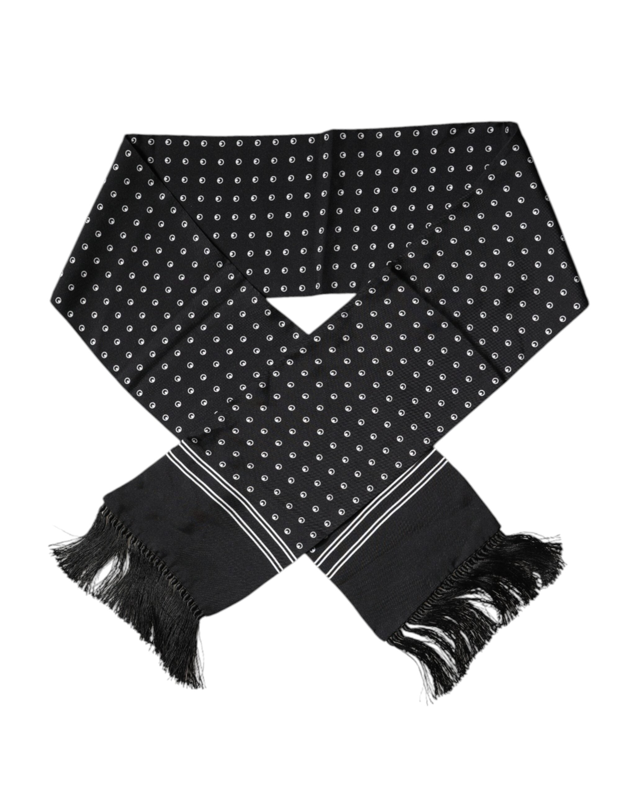 Dolce & Gabbana Black White Polka Dotted Silk Skinny Fringes Scarf