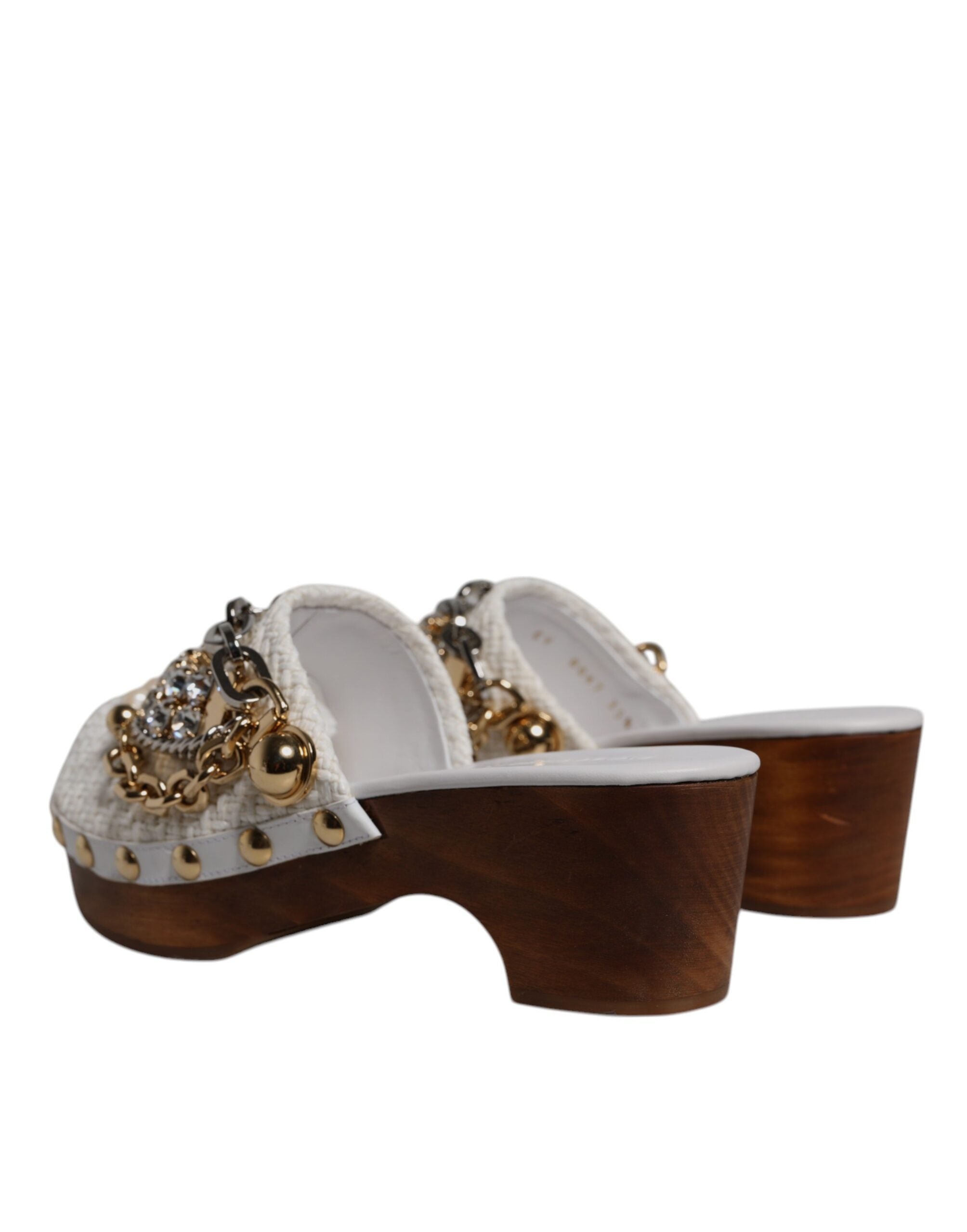Dolce & Gabbana White Raffia Clogs Bejeweled Chain Sandals Shoes