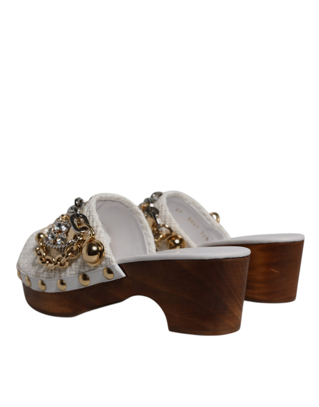 Dolce & Gabbana White Raffia Clogs Bejeweled Chain Sandals Shoes