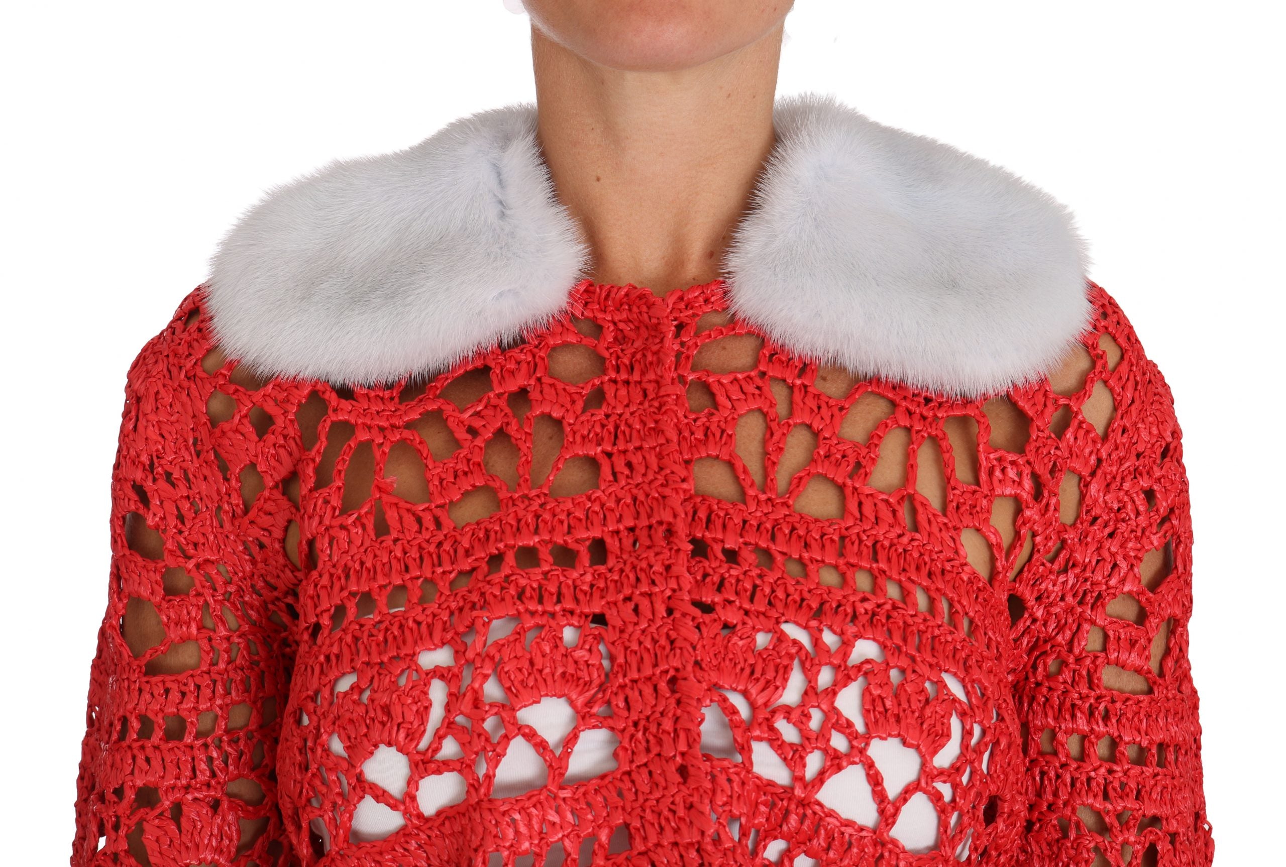 Dolce & Gabbana Red Cardigan Crochet Knit Raffia Sweater