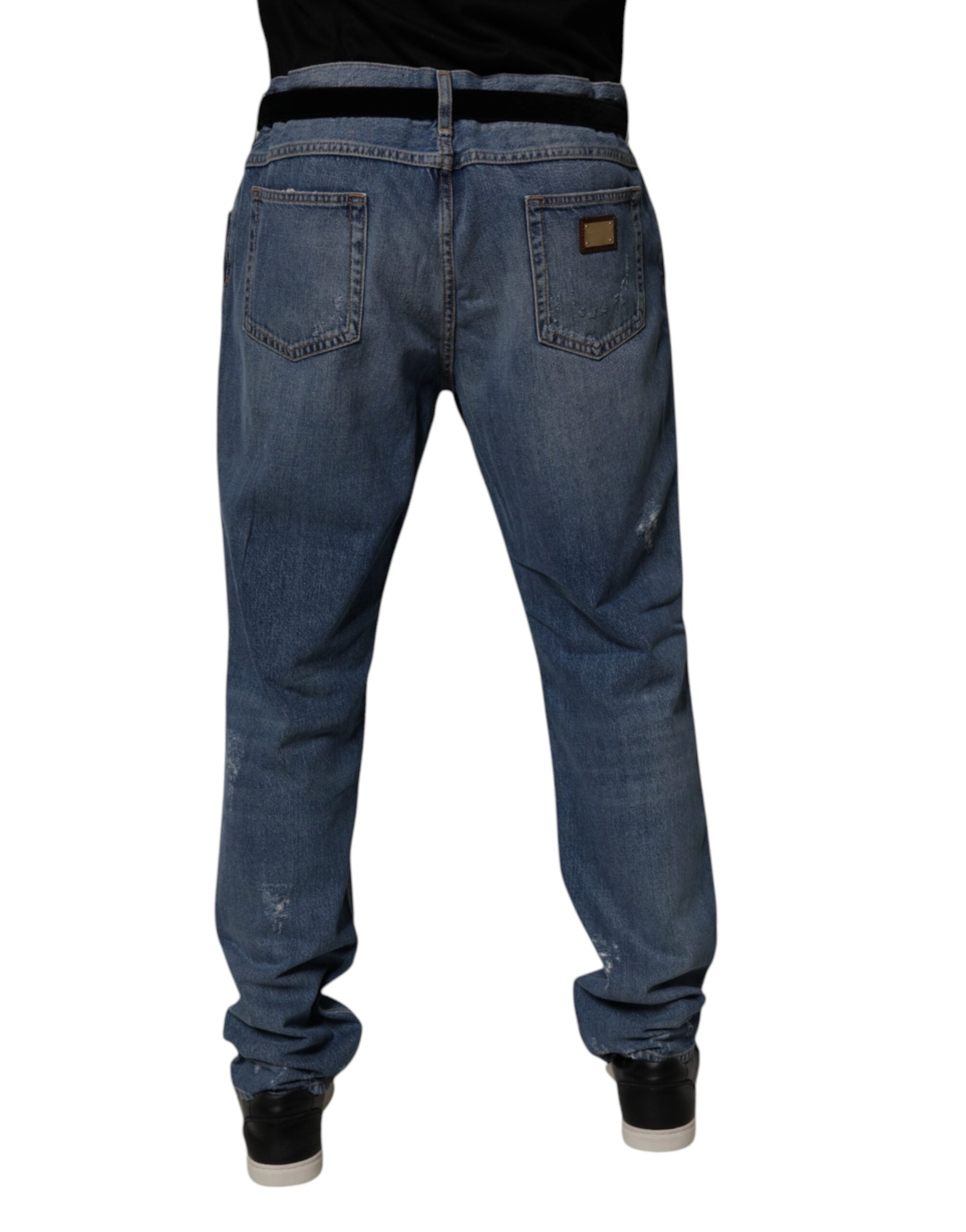 Dolce & Gabbana Blue Tattered Cotton Straight Denim Jeans