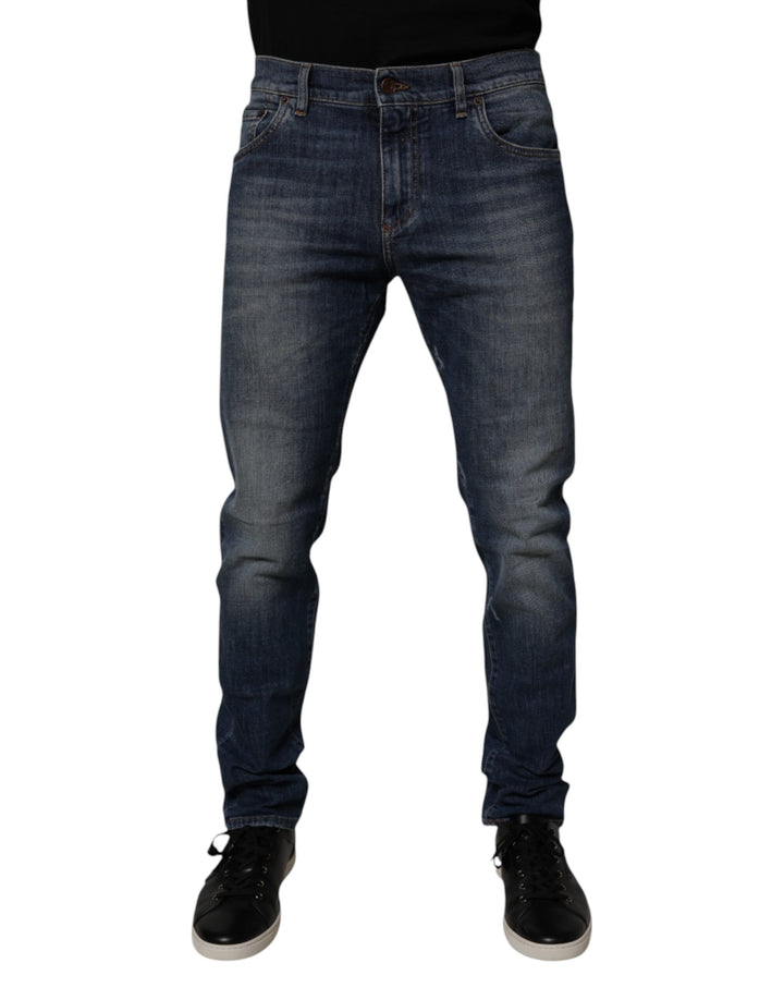 Dolce & Gabbana Dark Blue Cotton Leather Skinny Denim Jeans