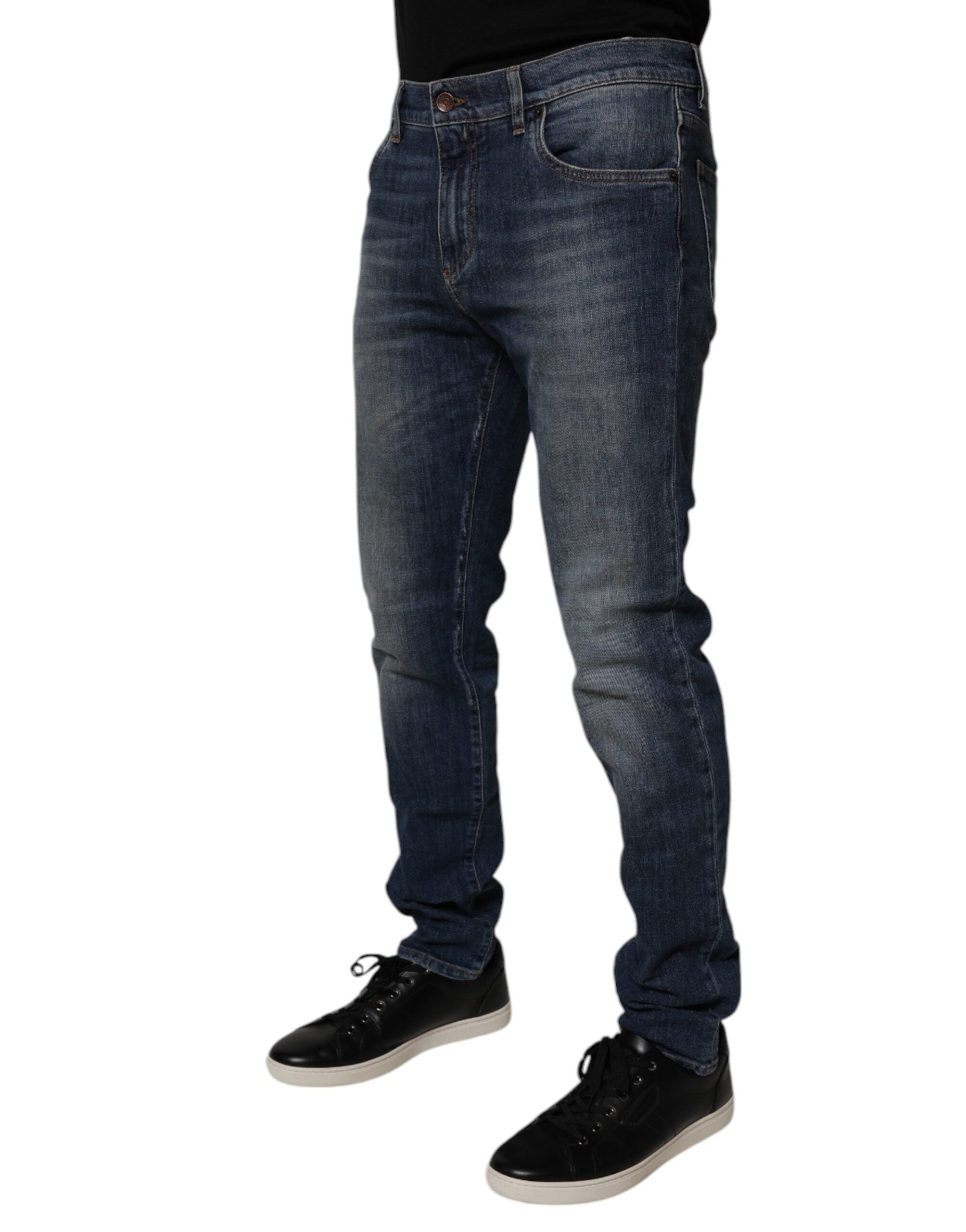 Dolce & Gabbana Dark Blue Cotton Leather Skinny Denim Jeans
