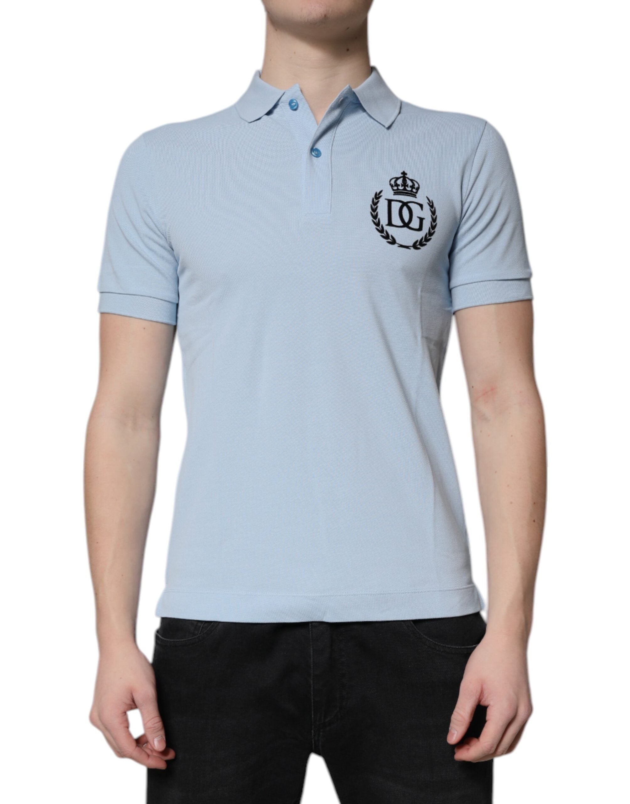 Dolce & Gabbana Sky Blue Cotton Crown Collared Polo T-shirt
