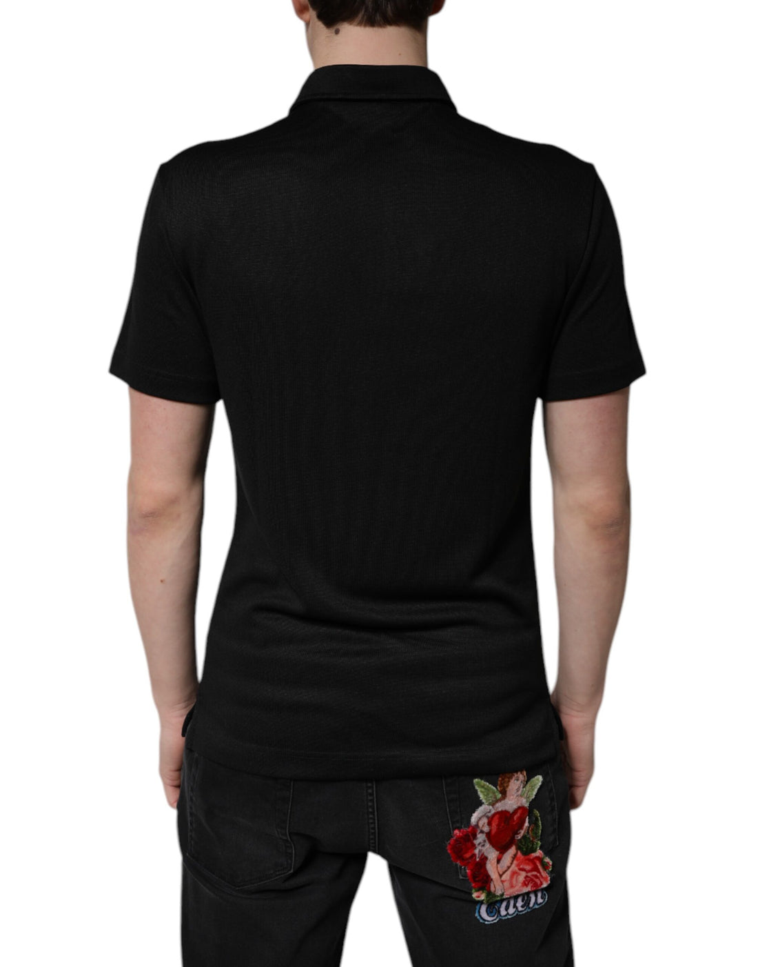 Dolce & Gabbana Black Polyester DG Logo Collared Polo T-shirt