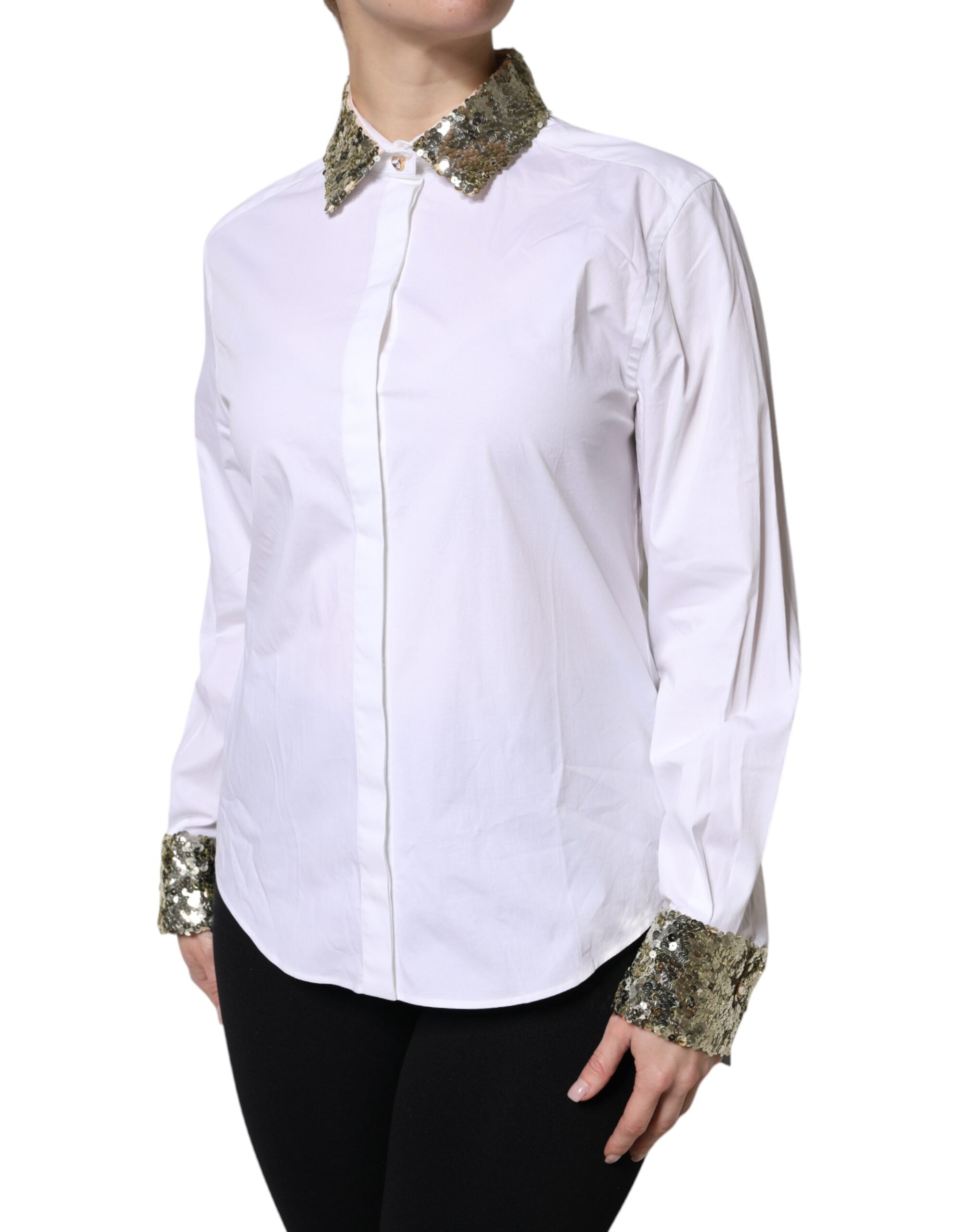 Dolce & Gabbana White Cotton Long Sleeves Sequin Shirt Top