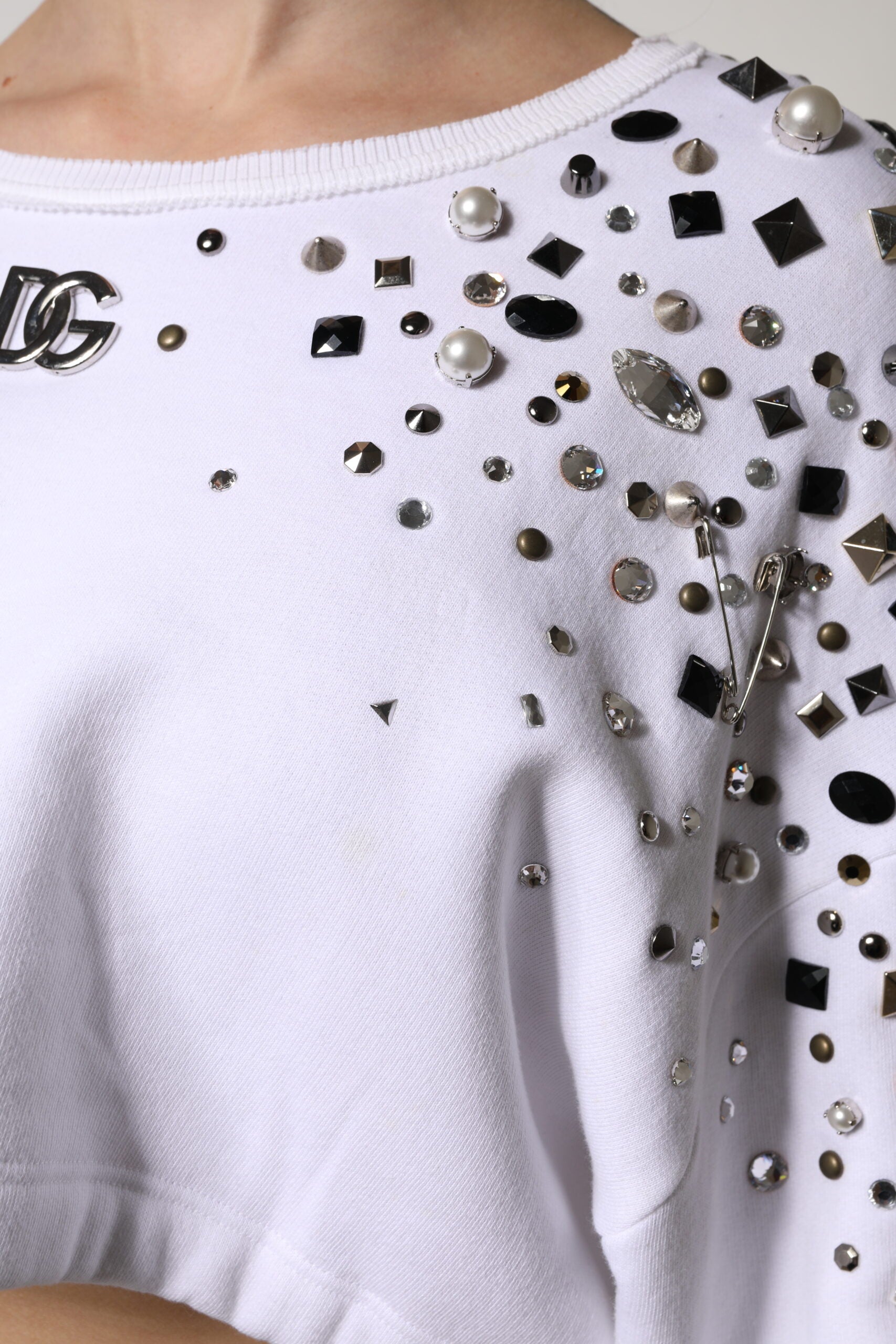 Dolce & Gabbana White Embellished Long Sleeve Cropped Sweater