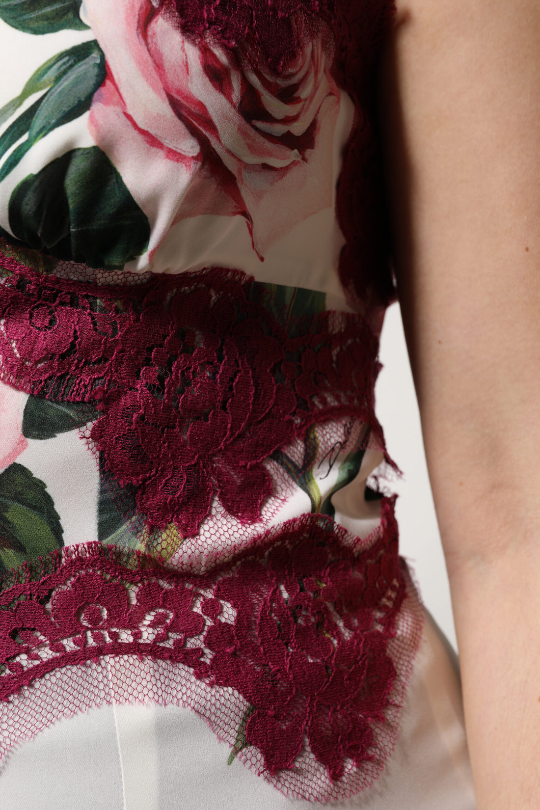 Dolce & Gabbana White Rose Print Satin Lace Tank Top Lingerie