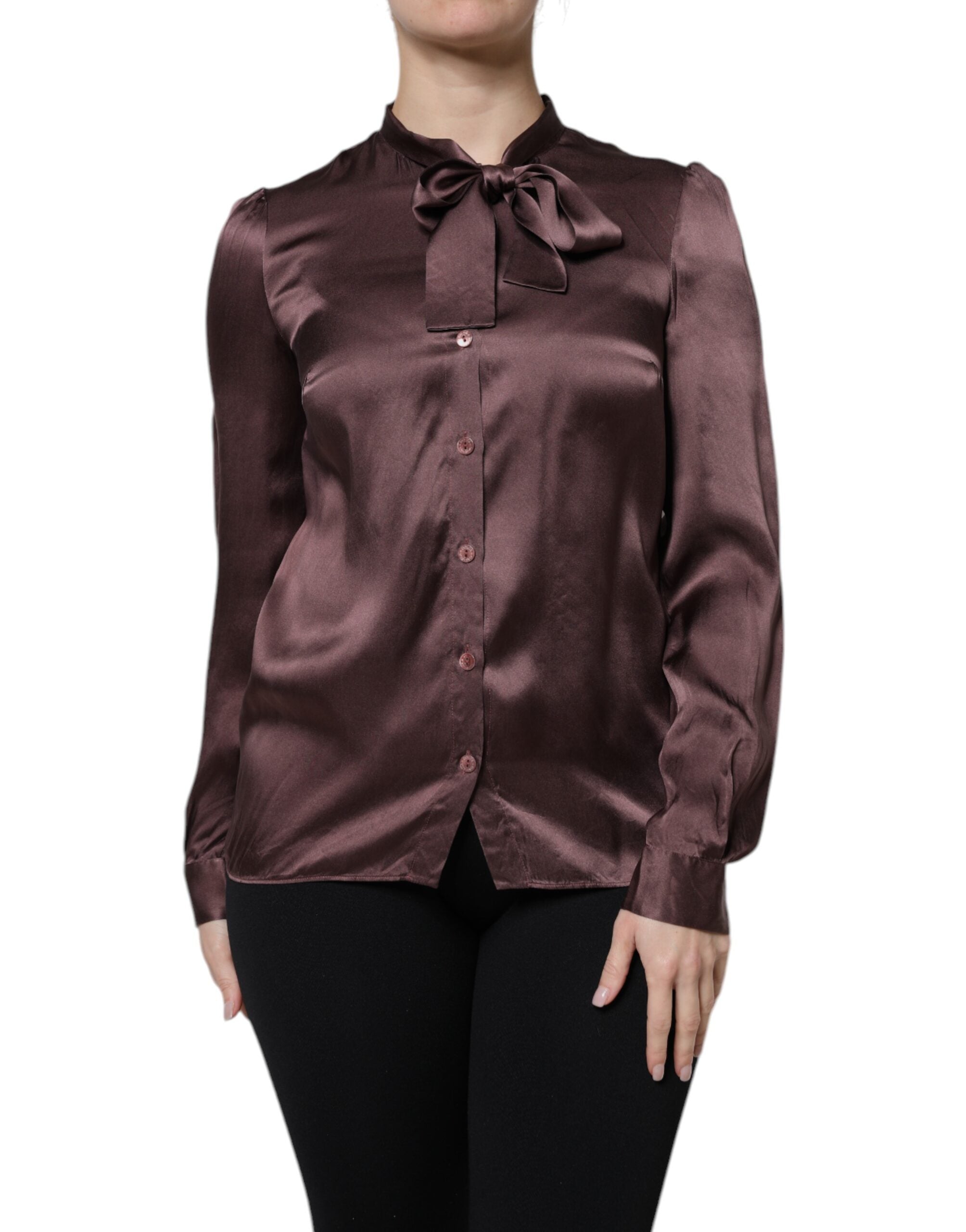 Dolce & Gabbana Brown Ascot Collar Long Sleeve Blouse Top