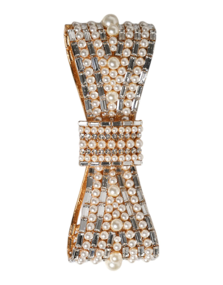 Dolce & Gabbana Gold Tone Brass Bow Crystal FauxPearl Embellished Brooch